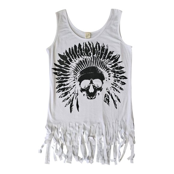 ASSA Tops - Edgy Skull with Feather Headdress Fringe Tank Top - White